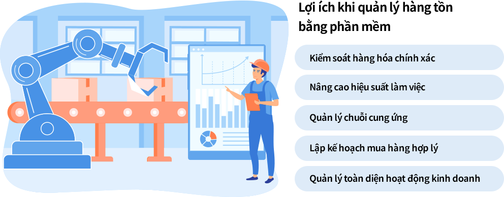 Lợi ích khi quản lý hàng tồn bằng phần mềm Sử dụng phần mềm quản lý hàng tồn giúp kiểm soát và xuất nhập hàng hóa tự động